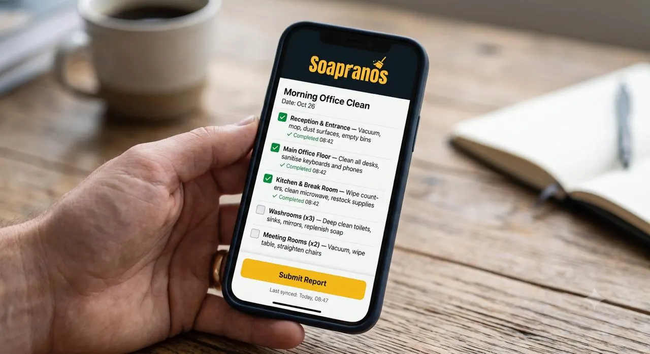 Soapranos cleaning app showing a digital checklist with completed tasks — reception, office floor, kitchen, washrooms and meeting rooms