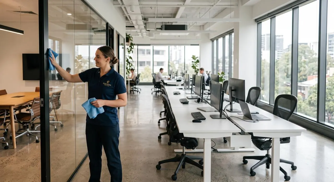 Professional cleaner in uniform maintaining a modern open-plan office — wiping down glass partitions in a bright commercial workspace